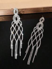 1 Pair Geometric Waterdrop Shaped Gold & Silver Tassel Dangle Earrings, Suitable Stage Performance, Banquet And Formal Dress Accessories - 散鑽水鑽超長流蘇耳環 - 查看 4