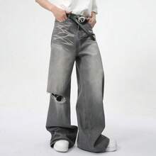 Pantalones Vaqueros Rotos y Desgastados para Hombre - Corte Recto y Extra Largo (Tocando el Suelo), Estilo Vintage Relajado Americano - Gris - Ver 2