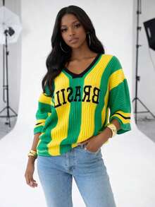 Women's Brazil Knit Blouse, Stylish And Elegant, Knitted Top, Contrasting Waist, Knitted Fabric, Vacation/Daily Wear, Autumn/Winter - 黃色 - 查看 5