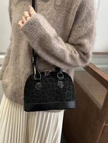 Fashionable Leopard Print Handbag, Casual Shell Shoulder Bag For Women - Black - View 2