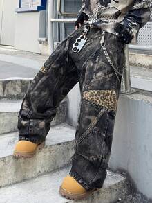 1pc Men'S Loose Black And Grey Denim Jeans |   Vintage Distressed Wash With Leopard Print Patches, Cargo Style With Multiple Panel Design, Y2K Street Hip-Hop Fashion, Available In Multiple Sizes (Belt And Additions Not Included) - Style - View 3
