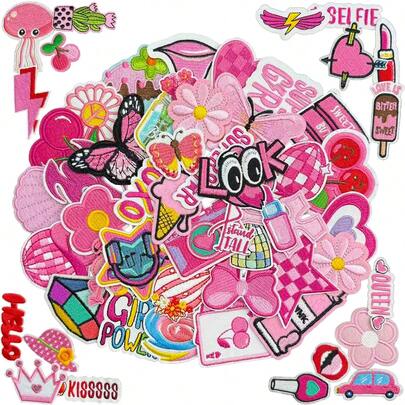 60 piezas Parches de hierro para niñas, parches bordados rosas de hierro para coser/planchar en ropa, pantalones, mochilas, sombreros, jeans, accesorios DIY
