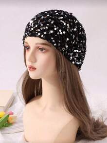 1 pieza Gorro de mujer de moda con ganchillo hueco y lentejuelas, adecuado para uso diario, salidas de primavera y otoño - Sombrero de jersey recto - Ver 7