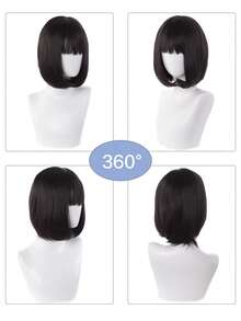合成假发，波浪卷发，黑色短直发，整齐刘海，卷曲发髻，凌乱发髻 - 彩色 - 查看 3