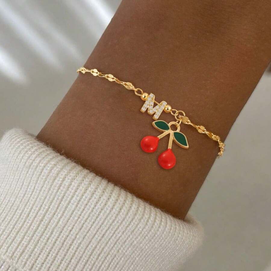 1 pieza Pulsera de cadena de acero inoxidable dorado con colgante de inicial de cereza de moda clásica para mujeres - Amarillo Oro - Ver 1