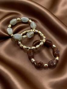 LADYCOCO 3pcs Vintage Multi-Layer Brown Acrylic Beaded Bracelet, Transformable Gold Chip Bracelet, Suitable For Women, Couples, Party And Daily Wear - Multicolor - View 2