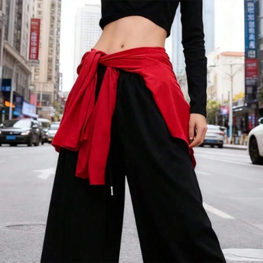 Women's Hip Hop Dance Crop Tops Solid Color Long Sleeve Shrug Blouse, Aesthetic Tied-Waist Belt - 紅色 - 查看 1
