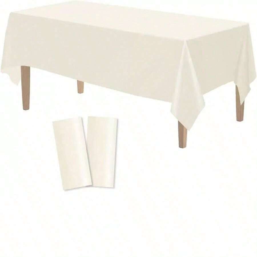 1pc Beige Rectangular Disposable Plastic Tablecloth, Ivory Cream Table Cover For Birthday Party, Wedding, Bridal Shower, Anniversary Celebration Decoration - Beige - View 1