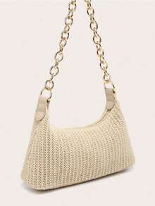 Women's Underarm Shoulder Bag, Square Metal Chain Bag, Large Capacity, Lightweight, Casual & Fashionable Beach Vacation Style, Suitable For Shopping And Vacation, Holiday - Màu be - Xem 1