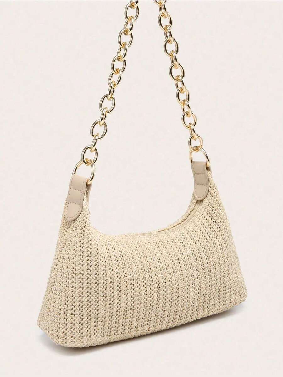 Women's Underarm Shoulder Bag, Square Metal Chain Bag, Large Capacity, Lightweight, Casual & Fashionable Beach Vacation Style, Suitable For Shopping And Vacation, Holiday - Màu be - Xem 1