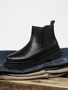 1 Pair Men's Stylish Black Chelsea Boots, Thermal Lining Thick Sole Elevator, Minimalist Versatile & - Black - View 10