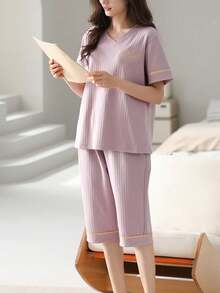 1 Set Women Short Sleeve Pajamas & Shorts, Soft & Comfortable Loungewear - Lilac Purple - View 4