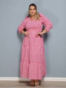 New Plus Size Plaid Maxi Dress With Long Sleeves, Sizes 44 To 50. - Rose Red - View 2
