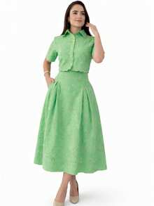 Women's Set: Shirt + Midi Skirt With Floral Embroidery, Elegant, Buttons Down Front, Vacation Style - 薄荷綠 - 查看 1