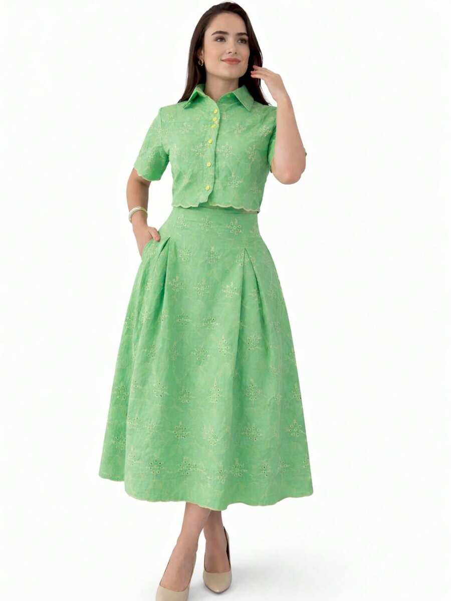 Women's Set: Shirt + Midi Skirt With Floral Embroidery, Elegant, Buttons Down Front, Vacation Style - 薄荷綠 - 查看 1