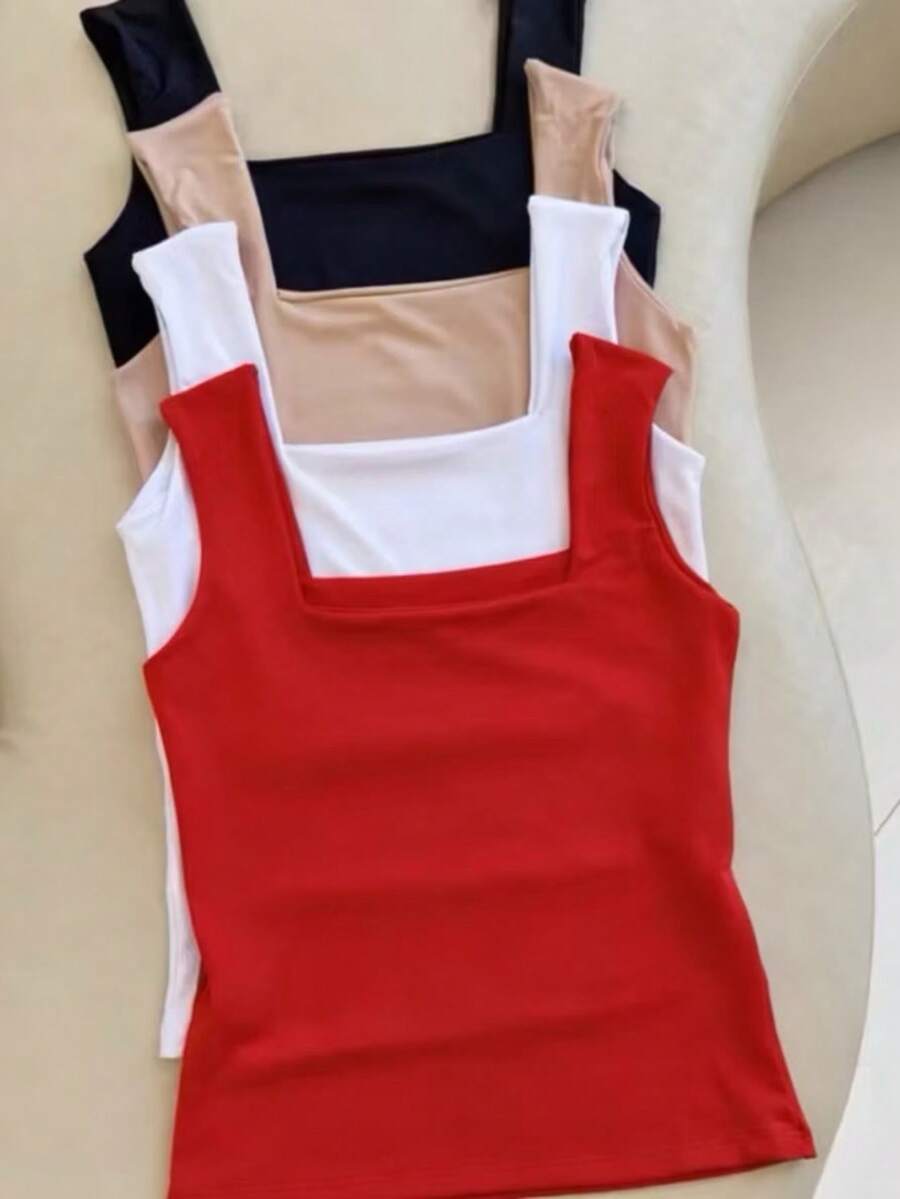 Set Of 4 Women's Tank Tops With Square Neckline, Straight Leg, Suplex Fabric, Summer Basic Plain, Fashionable, Elegant, , Blogger Style - RED WHITE BEIGE BLACK - View 1