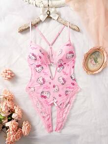 SANRIO 女士Hello Kitty粉色V领透视泰迪连体衣，性感内衣 - 粉色 - 查看 1