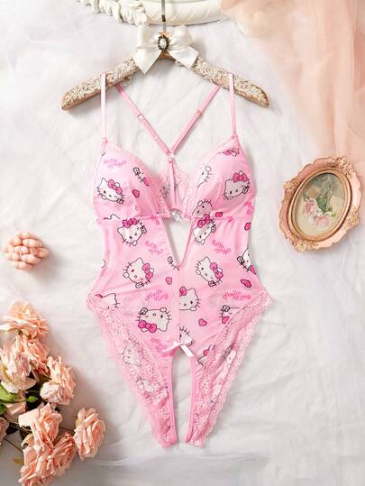 SANRIO 女士Hello Kitty粉色V领透视泰迪连体衣，性感内衣