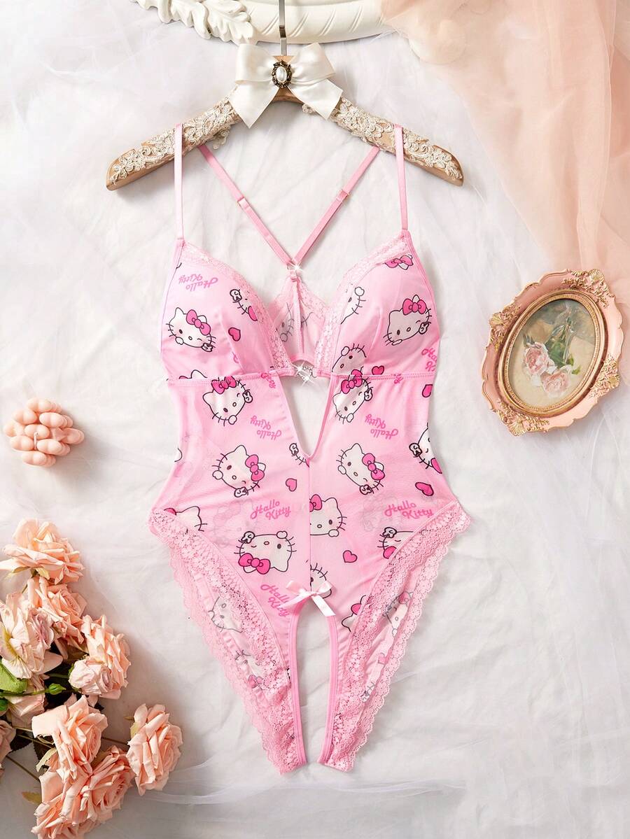 SANRIO 女士Hello Kitty粉色V领透视泰迪连体衣，性感内衣 - 粉色 - 查看 1
