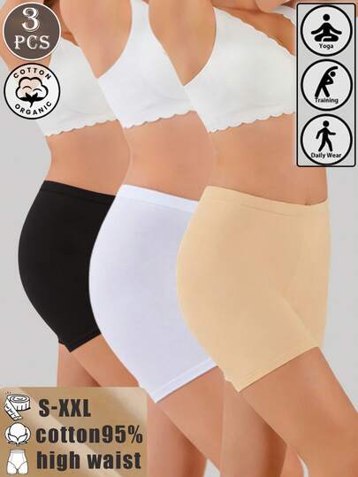 3 piezas Pantalones cortos de de algodón suave y de cintura alta, cómodos y transpirables para uso diario, adecuados para vestidos formales, tallas S-XXL