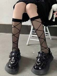 1双女士黑色格子薄纱过膝袜，超薄夏季款式，日常穿搭必备 - 彩色 - 查看 6