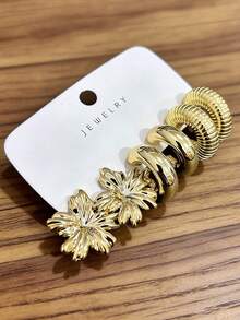 6pcs/18pcs Gold CCB Retro Elegant Fashion Earrings, Rose Flower/Five-Leaf Flower/Moon And Other Elements Earrings, Valentine's Day/Holiday Gift, Suitable For Women Earring Set - Gold - View 6