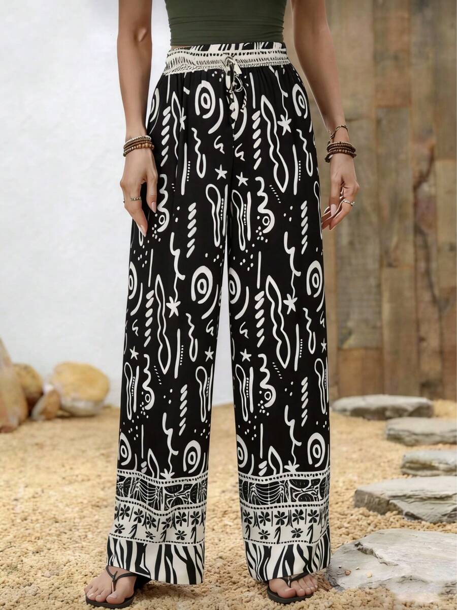 Pantalones exóticos con grafiti, pantalones de cinturón alto con cordón y pierna ancha, ropa de viaje para fotos - Negro - Ver 1