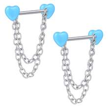 1对14G不锈钢直杆双心形乳环和舌环，带链条，男女通用，长度16毫米，身体穿刺饰品 - 銀色 - 查看 5