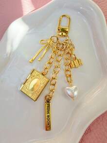 Regalo para amantes de los libros, Accesorio para bolso de libros, Llavero con medallón para fotos - Dorado - Ver 3