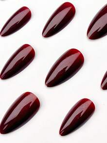 24片杏仁形复古酒红色纯色亚克力美甲贴片，完美贴合，易于佩戴，打造您专属的时尚优雅美甲，适合女孩和女士日常使用，包含1瓶果冻胶和1把指甲锉。 - 酒紅色 - 查看 2