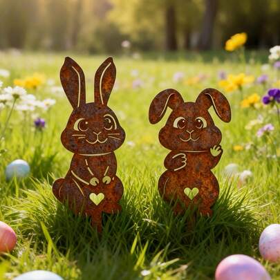 2D Acrylic 2pcs/Set Outdoor Garden Stakes, Cute Easter Bunny Garden Sign, Countryside Floral Planter & Flower Bed Decor, Holiday Style Acrylic Art Decor, Creative Design For Home, Villa, Lawn And Garden