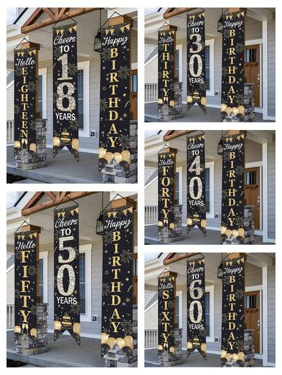 3pcs Black Golden Birthday Couplet ,Fireworks Polyester Door Couplet, Happy Birthday Party Decoration, Adult Birthday Party Supplies, Hanging Decoration, Home Door Decor