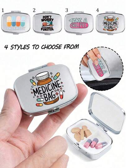 Square Pill Box, Printed Capsules, Pill, Letter, Medicine Bottle Patterns, Portable Pill Storage Compartments, Mini Metal Storage Box, Portable Jewelry And Pill Box, Travel Pill Case, Large Compartment, Weekly Pill Organizer,For Daily Medication & Vitamins, Essential For Doctors And Nurses, Emergency Needs, Travel, Hiking Emergency Rescue