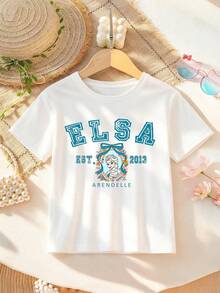 New Arrival Disney Officially Licensed Limited Edition Design Kids' White Elsa Print Short Sleeve T-Shirts, 100% Polyester Ultra Comfortable Super Soft Unisex For 1-14 Years Old, Stylish Relaxed Fit Highly Attractive High Turnover Rate Versatile For Daily Wear First Choice For Commute Summer Parent-Child Matching Tees | Express Delivery - 白色 - 查看 3