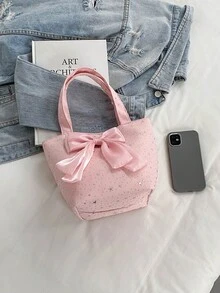 Bow Decor Minimalist Women's Handbag, Lightweight Large Capacity Fashion Bucket Bag, Suitable For Commuting And Shopping - Pink - View 7