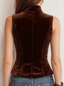 Navy Blue Retro Palace Style Vest - Double-Breasted Design, Made Of Soft And Comfortable Velvet Fabric, Ideal For Everyday Wear - màu nâu - Xem 2