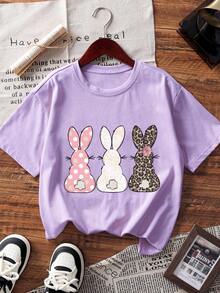 1pc Cute Rabbit Print Short Sleeve T-Shirt For Tween Girls, Young Student Summer Clothing Top - Purple - View 3