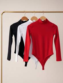 Women's Bodysuit Kit, High Neck, Long Sleeve, Second Skin, Basic, Versatile, Fashion Blogger Style, - 紅-黑-白 - 查看 1