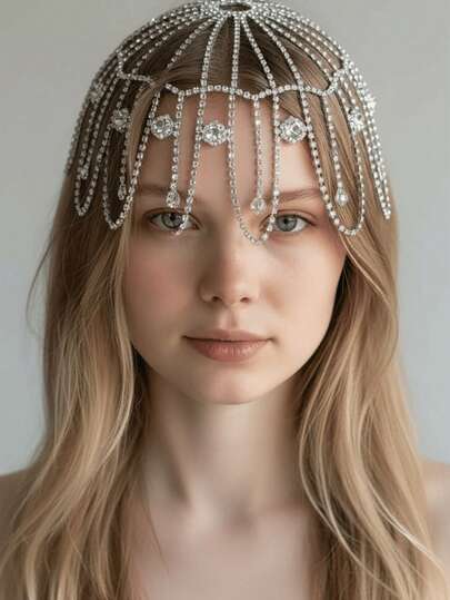 1pc Bridal Wedding Bling Full Crystal Headchain, Women's Jewelry Floral Headpiece, Party Accessory