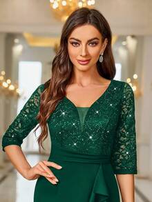 MIUSOL Deep V-Neck Sequin Floral Lace Ruffle Hem Cocktail Party Bodycon Dress - Dark Green - View 10