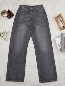 Y2K风格水洗做旧豹纹星形拼接直筒牛仔裤，休闲日常穿着，适合度假和春季穿着。 - 灰色 - 查看 6