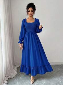 Spring Fall Square Neck Smocked Dress Women's Long Sleeve Trumpet Hem Ruffle Trim A-Line Casual Elegant Midi Dress - 寶藍色 - 查看 4