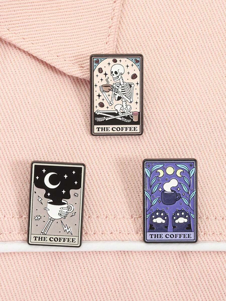 1 Set de Alfileres de solapa de estilo punk gótico con el gato del café, esqueleto bebiendo café, broches de joyería como regalo para amigos - Multicolor - Ver 1