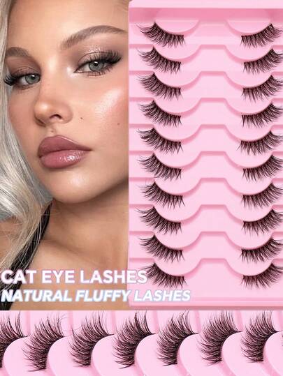 Ayrmilla 10对自然蓬松飞扬假睫毛，柔软仿貂毛假睫毛，轻盈猫眼妆效，适合偶像妆容，欧美自然款假睫毛，蓬松柔软，打造戏剧性3D貂毛效果，多层精心制作，适用于婚礼、派对、夜店、日常工作及各种场合，深受日欧女孩喜爱。