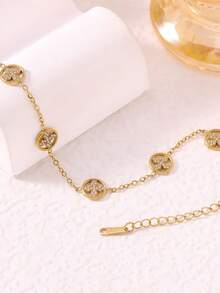 女士奢华水钻镂空四叶花手链，时尚百搭真空电镀不锈钢 - 鑲鑽花朵手鍊 - 查看 3