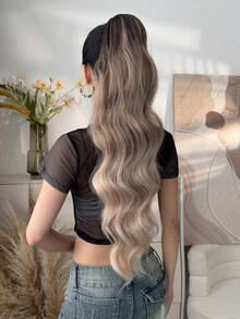 28 Inch Long Wavy Ombre Brown Drawstring Ponytail Synthetic Hair Extension, Heat Resistant Synthetic Fiber Wig Suitable For Women Party And Daily Use - Brown Ombre - View 6