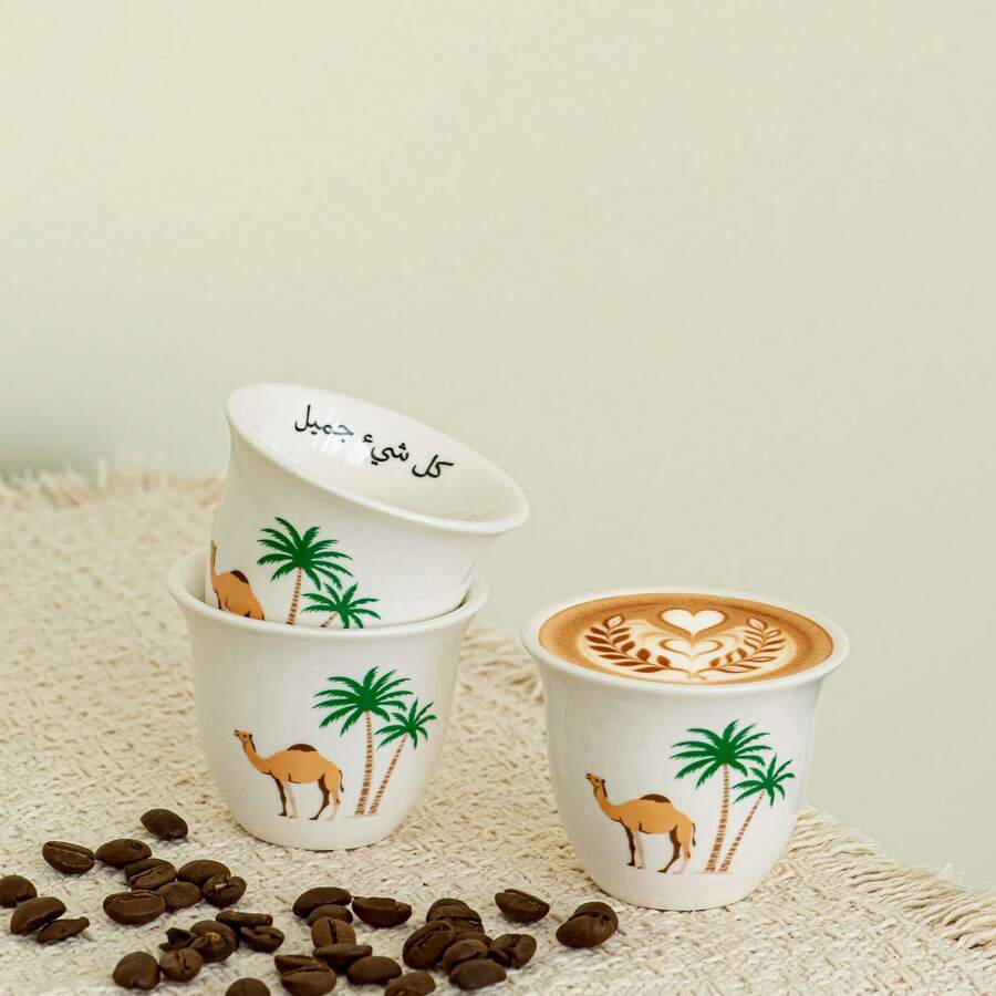 6/12件套中东陶瓷浓缩咖啡杯套装，内壁饰有阿拉伯书法和骆驼图案，适合作为开斋节礼物和咖啡馆使用。