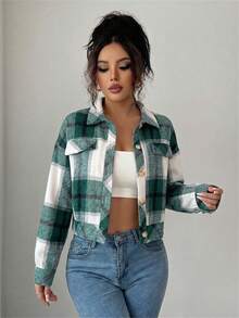 Spring Fall Plaid Tweed Jacket Women's Notch Lapel Button Front Faux Pockets Long Sleeve Casual Resort Coat - 綠色 - 查看 5
