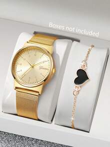 2件套女士礼品手表，配网格表带，时尚休闲数字表盘石英腕表+心形手链（不含表盒） - 金色 - 查看 10