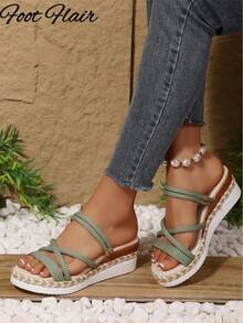 Foot Flair Plus Size Women's Woven Strap Open Toe Rope Sole Wedge Platform Sandals, Beach Vacation Style, Spring/Summer Fashion, Versatile Comfortable Roman Sandals - Army Green - View 2